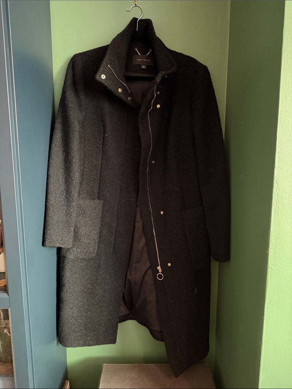 Ann Taylor Navy Wool-Blend Zip Pea Coat with Stand Collar